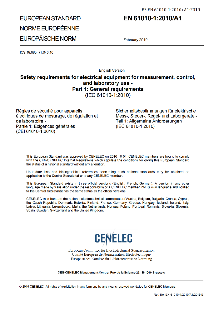EN 61010-1:2010+A1:2019测量,控制及实验室用电气设备的安全要求优选部分.通用要求