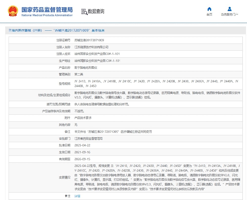 喜讯丨创京检测助力江苏锦源成功获批“数字脑电地形图仪”注册证
