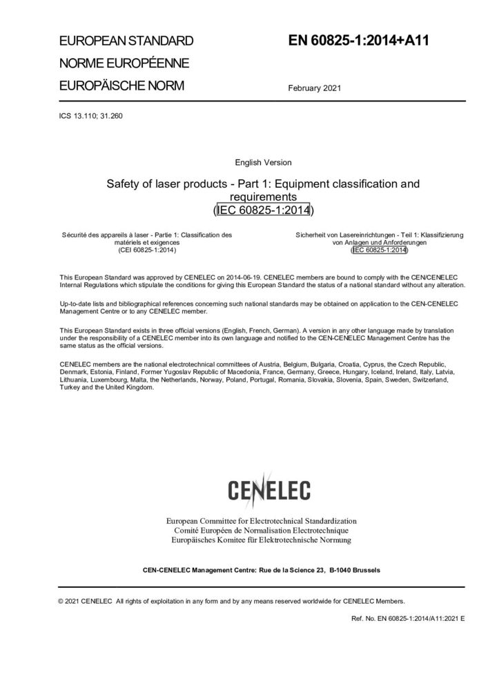 EN 60825-1: 2014+A11:2021激光产品的安全 第1部分：设备分类、要求